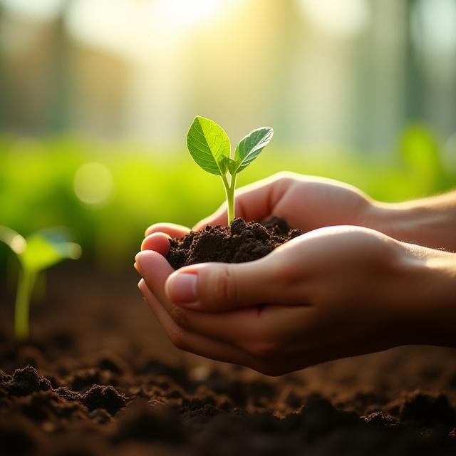 Hands nurturing a small green sprout in a bright indoor garden
