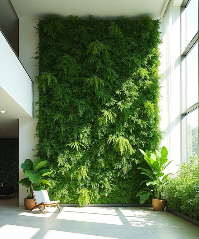 A lush, floor-to-ceiling indoor vertical garden
