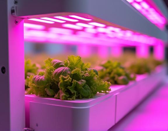 Modern hydroponic system with glowing LED lights