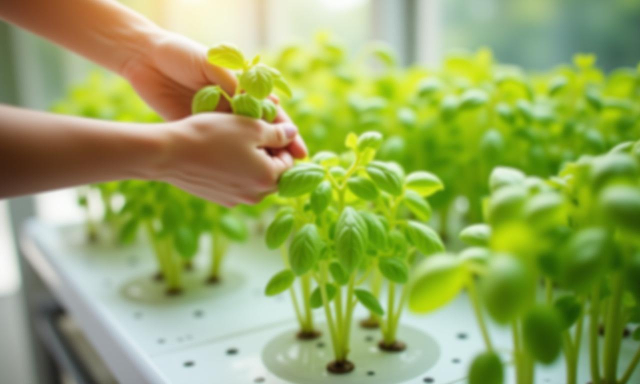Hands engaging with hydroponic seedlings